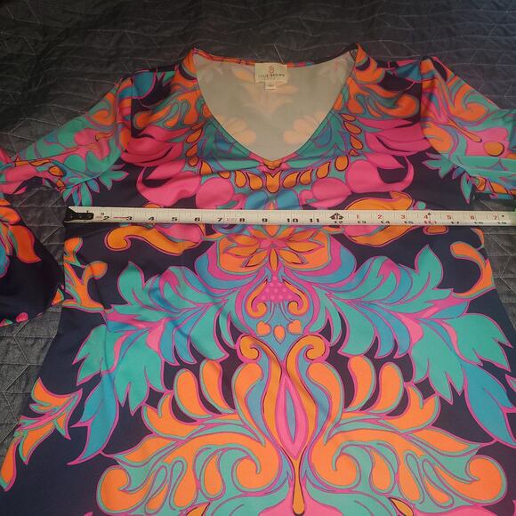 JB Julie Brown Size L Colorful Floral Paisley Shift Mini Dress Bell Sleeve Boho - Picture 8 of 9